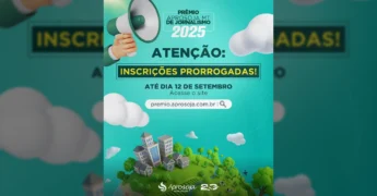 Megafone anunciando a prorrogação das inscrições para o Prêmio Aprosoja MT de Jornalismo 2025, com a data limite de 12 de setembro e referência ao site oficial. Crédito: Aprosoja Mato Grosso / Instagram.