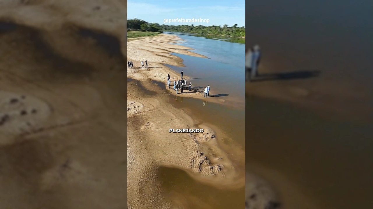 Vista aérea da Praia do Cortado em Sinop com equipes da prefeitura em reunião. Crédito: @prefeituradesinop / Instagram