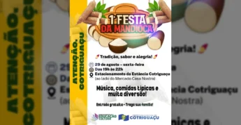 Imagem de divulgação da 1ª Festa da Mandioca com mandiocas, folhas e uma tigela de farinha. Créditos: Prefeitura Municipal de Cotriguaçu / Instagram