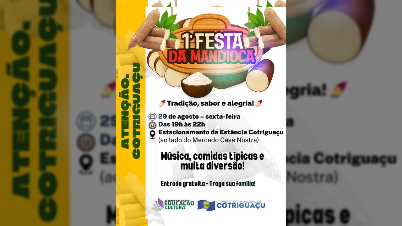 Imagem de divulgação da 1ª Festa da Mandioca com mandiocas, folhas e uma tigela de farinha. Créditos: Prefeitura Municipal de Cotriguaçu / Instagram