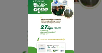 Imagem do convite do evento ABC+ em Ação em Sinop, com pessoas no campo e drones, crédito ao Sistema Famato / Instagram