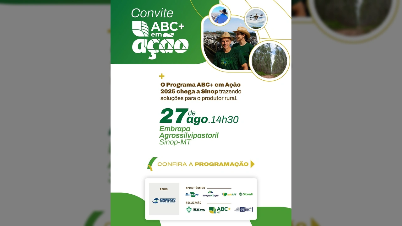 Imagem do convite do evento ABC+ em Ação em Sinop, com pessoas no campo e drones, crédito ao Sistema Famato / Instagram