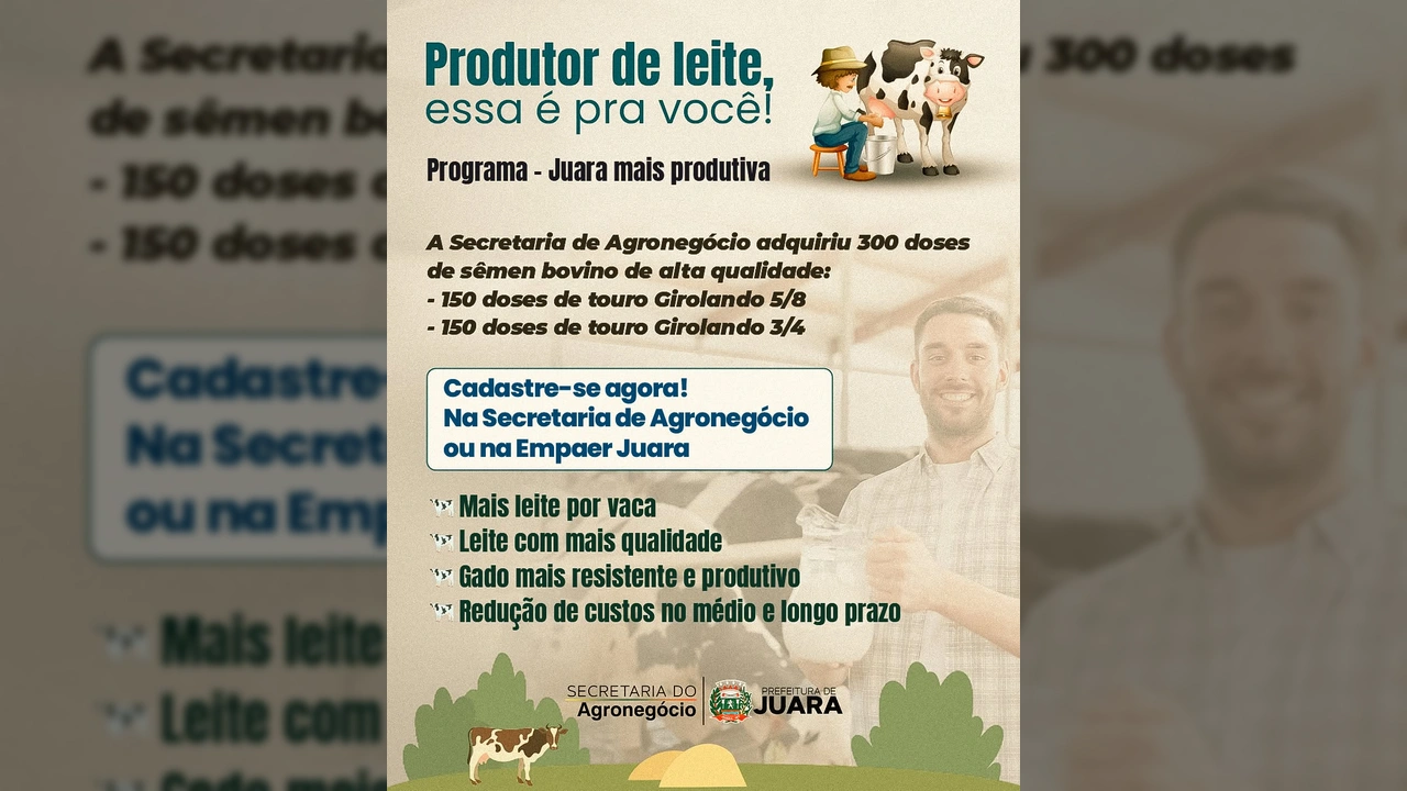 Imagem mostra um produtor de leite e uma vaca, representando o programa da Prefeitura de Juara para aprimorar a produção leiteira. Créditos: Prefeitura de Juara / Instagram.