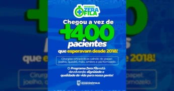 Imagem promocional do Programa Zera Fila da Prefeitura de Rondonópolis, destacando a realização de mais de 400 cirurgias ortopédicas. Créditos: Prefeitura de Rondonópolis / Instagram.