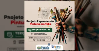 Cartaz de divulgação do Projeto Expressarte em Poxoréu com mão segurando pincéis e informações de inscrição / Instagram @prefpoxoreu