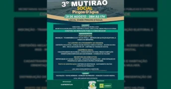 Banner informativo do 3º Mutirão Social em Pingos D'Água, Querência, com data e local. Créditos: Prefeitura de Querência-MT / Instagram.