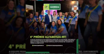 Foto da equipe pedagógica de Querência sendo premiada no 4º Prêmio Alfabetiza MT. Créditos: Prefeitura de Querência / Instagram.