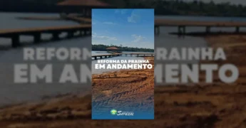 Obras de reforma e ampliação na Prainha Municipal de Sapezal, com trabalhadores e maquinário. Créditos: Prefeitura de Sapezal / Instagram