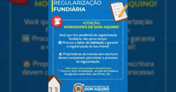 Ilustração de documento com checkmarks e um sino de alerta ao lado de texto sobre regularização fundiária da Prefeitura de Dom Aquino / Instagram