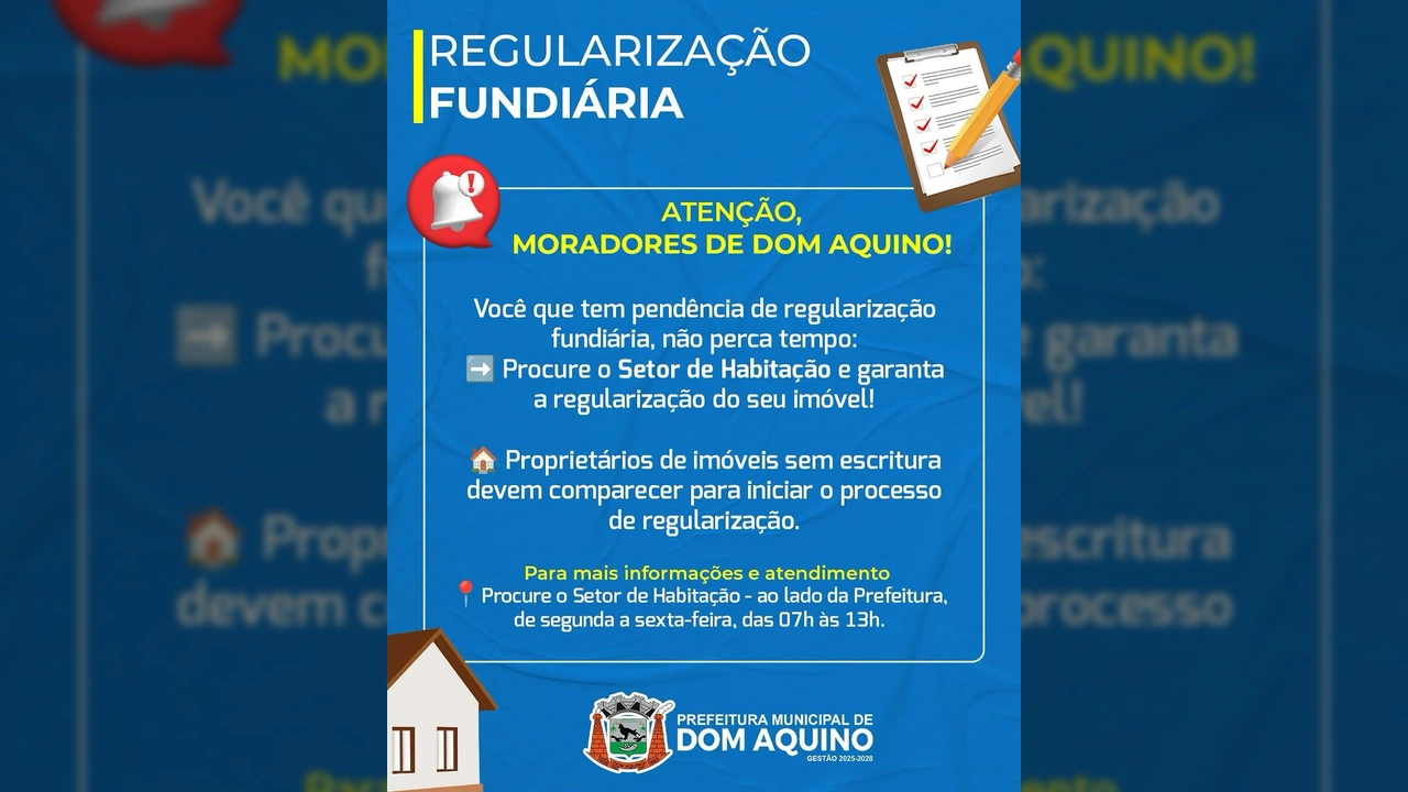 Ilustração de documento com checkmarks e um sino de alerta ao lado de texto sobre regularização fundiária da Prefeitura de Dom Aquino / Instagram