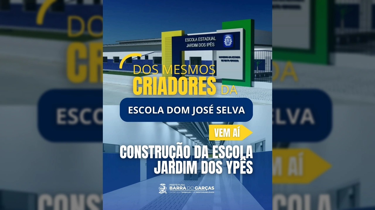 Imagem da renderização arquitetônica da Escola Estadual Jardim dos Ipês, em Barra do Garças, mostrando a fachada e interiores modernos. Créditos: Prefeitura de Barra do Garças / Instagram.