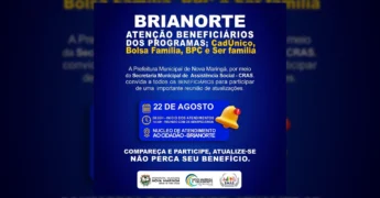 Banner informativo sobre reunião de programas sociais em Brianorte, Nova Maringá, com data 22 de agosto. Créditos: @prefnovamaringa no Instagram.