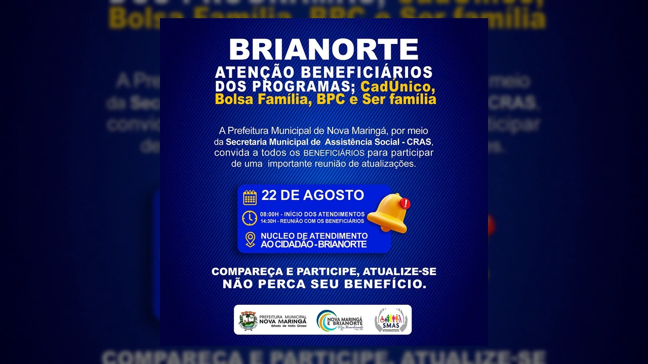 Banner informativo sobre reunião de programas sociais em Brianorte, Nova Maringá, com data 22 de agosto. Créditos: @prefnovamaringa no Instagram.
