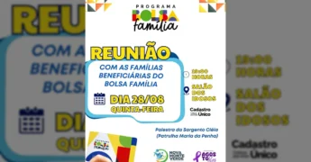 Cartaz de divulgação da reunião sobre Bolsa Família, Cadastro Único e Agosto Lilás, com informações de data, hora e local. Crédito: Prefeitura de Nova Monte Verde / Instagram