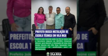 Foto de quatro pessoas em uma reunião para tratar da instalação de escola técnica em Vila Rica, Mato Grosso. Crédito: @governodevilaricaoficial / Instagram.