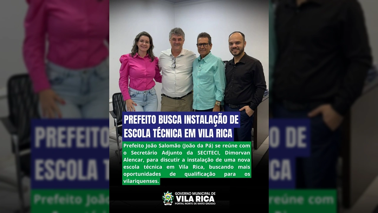Foto de quatro pessoas em uma reunião para tratar da instalação de escola técnica em Vila Rica, Mato Grosso. Crédito: @governodevilaricaoficial / Instagram.