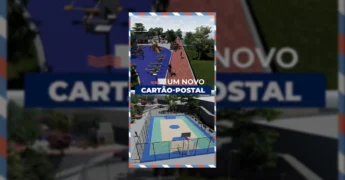 Imagem renderizada mostrando o projeto de revitalização da Beira Rio em Barra do Garças, com pessoas caminhando, quadras esportivas e áreas de lazer. Créditos: Prefeitura de Barra do Garças / Instagram.