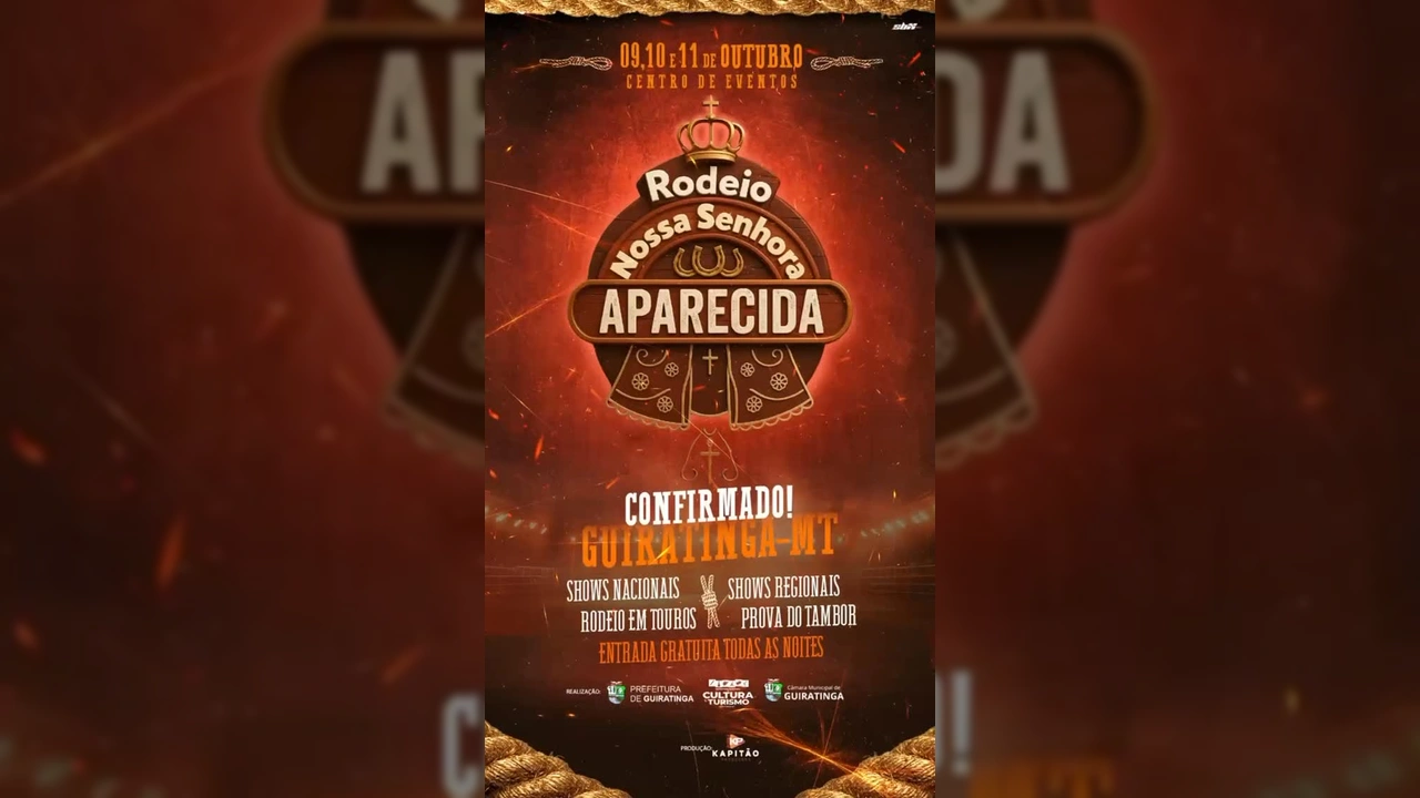 Imagem de divulgação do Rodeio Nossa Senhora Aparecida em Guiratinga, com detalhes sobre shows e rodeio. Créditos: Prefeitura de Guiratinga / Instagram.