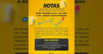 Imagem informativa sobre rotas alternativas em Cuiabá devido às obras do BRT, da Prefeitura de Cuiabá.