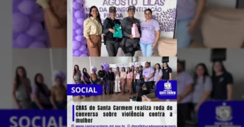 Grupo de pessoas, incluindo membros da Patrulha Maria da Penha e do CRAS, durante roda de conversa sobre violência contra a mulher em Santa Carmem. Crédito: Prefeitura de Santa Carmem / Instagram.