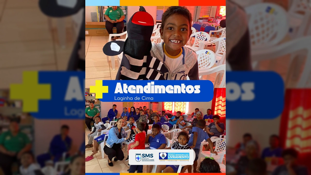 Foto de crianças e adultos durante ação de saúde em Laginha de Cima, com fantoches e atendimentos, promovida pela Secretaria Municipal de Saúde de Nossa Senhora do Livramento. Crédito: SMS Livramento.
