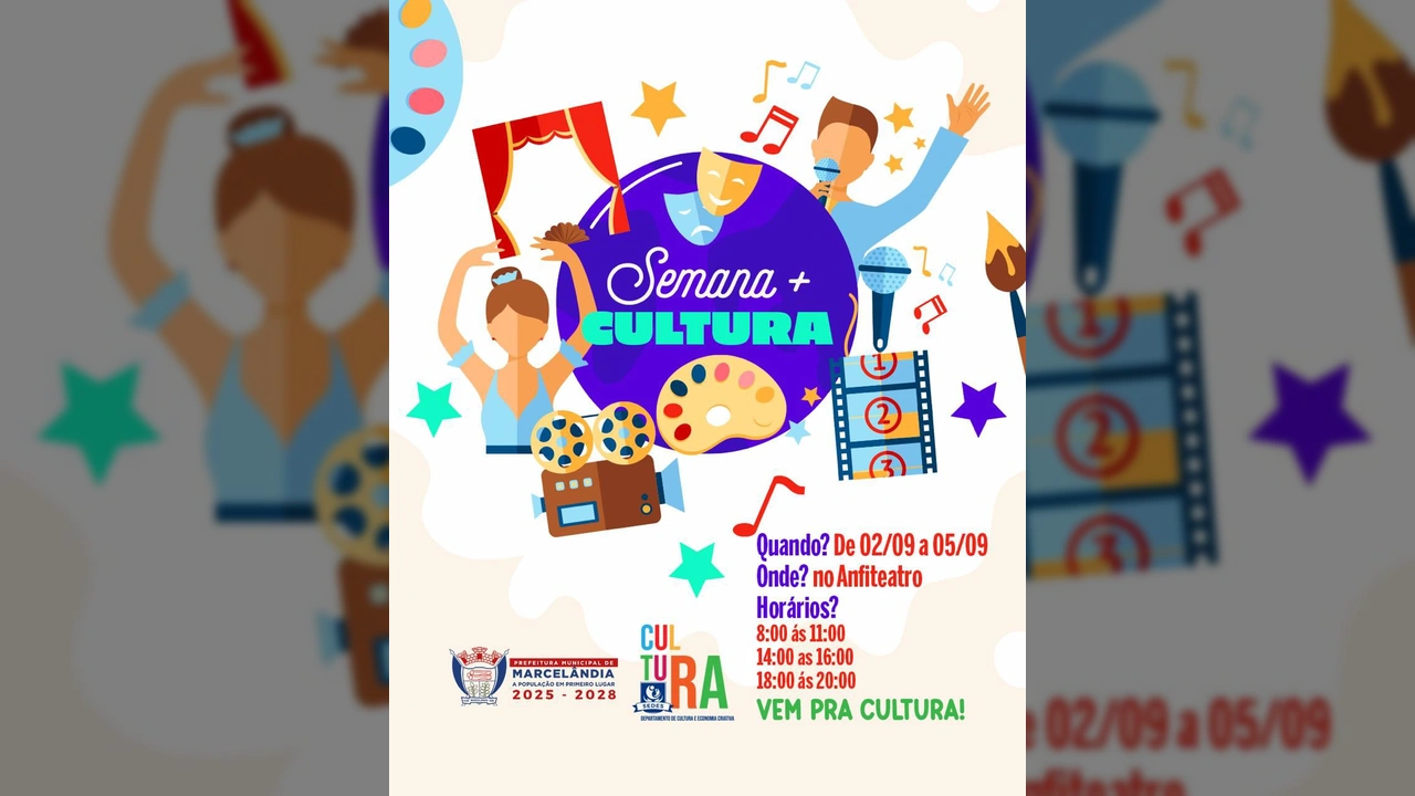 Ilustração colorida com ícones de teatro, música, cinema e pintura, representando a Semana + Cultura de Marcelândia. Créditos: Prefeitura de Marcelândia / Instagram.