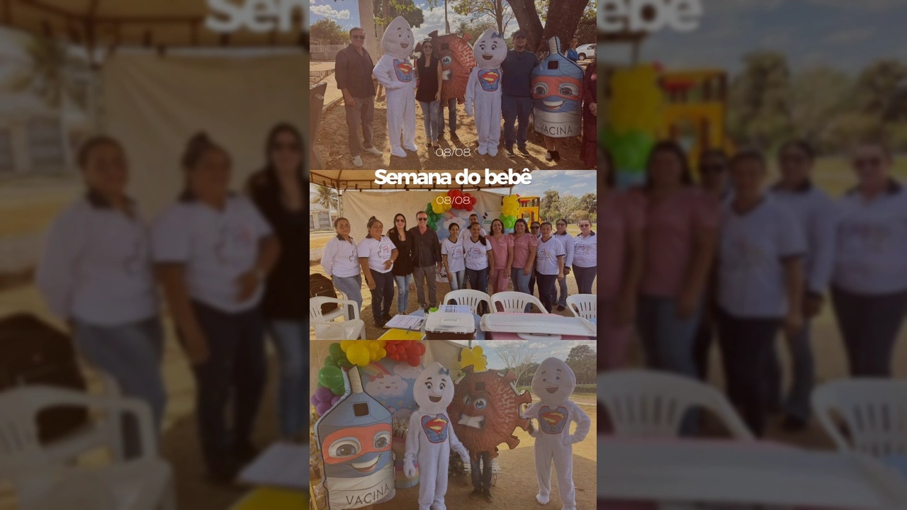 Crianças e profissionais de saúde no evento Semana do Bebê em Marcelândia. Créditos: @sec.saude.marcelandia