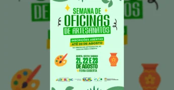 Banner colorido divulgando a Semana de Oficinas de Artesanato em Pontal do Araguaia, com pincel e vaso artesanal. Crédito: Prefeitura de Pontal do Araguaia / Instagram.