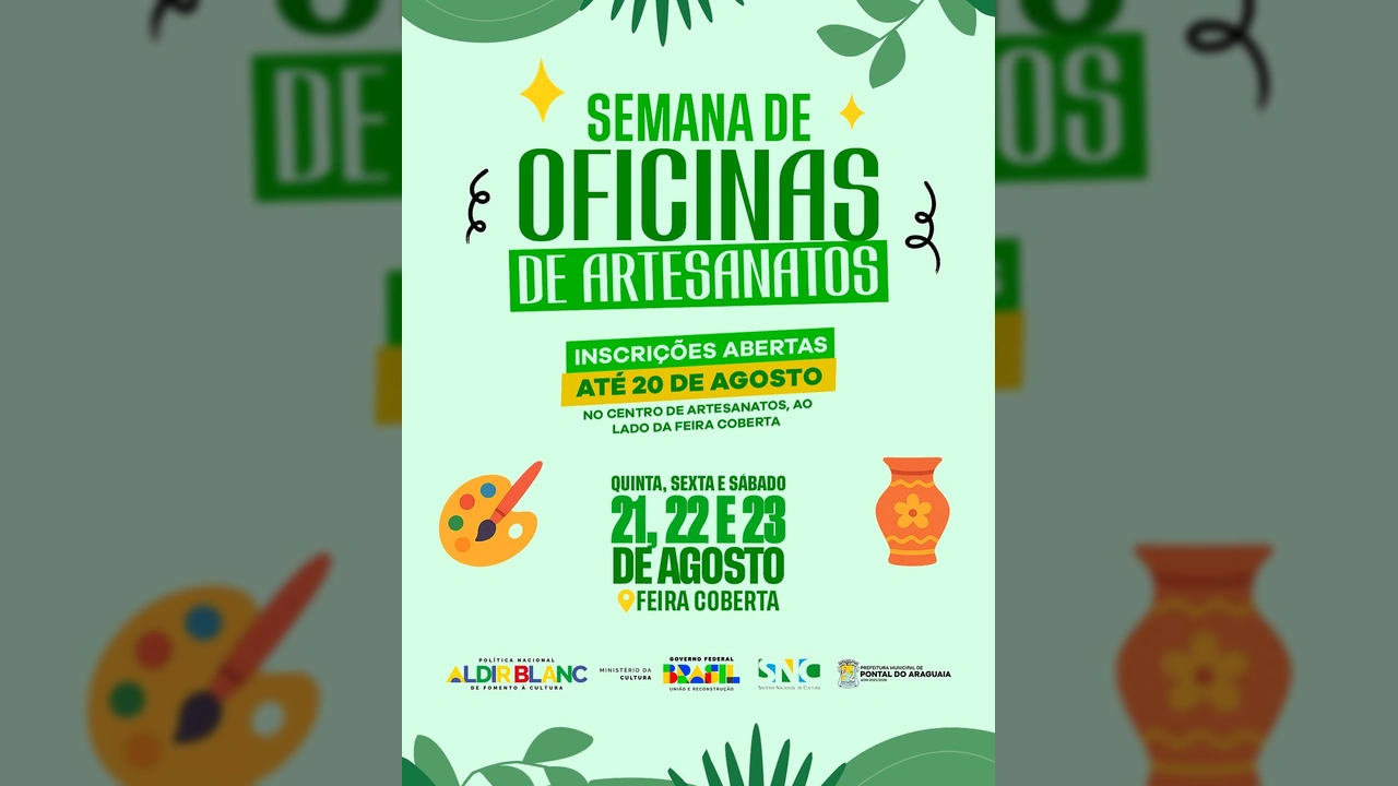 Banner colorido divulgando a Semana de Oficinas de Artesanato em Pontal do Araguaia, com pincel e vaso artesanal. Crédito: Prefeitura de Pontal do Araguaia / Instagram.