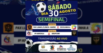 Foto de chuteira, bola de futebol e apito, com informações sobre as semifinais do campeonato em Terra Nova do Norte, postado por @terranovadonorte