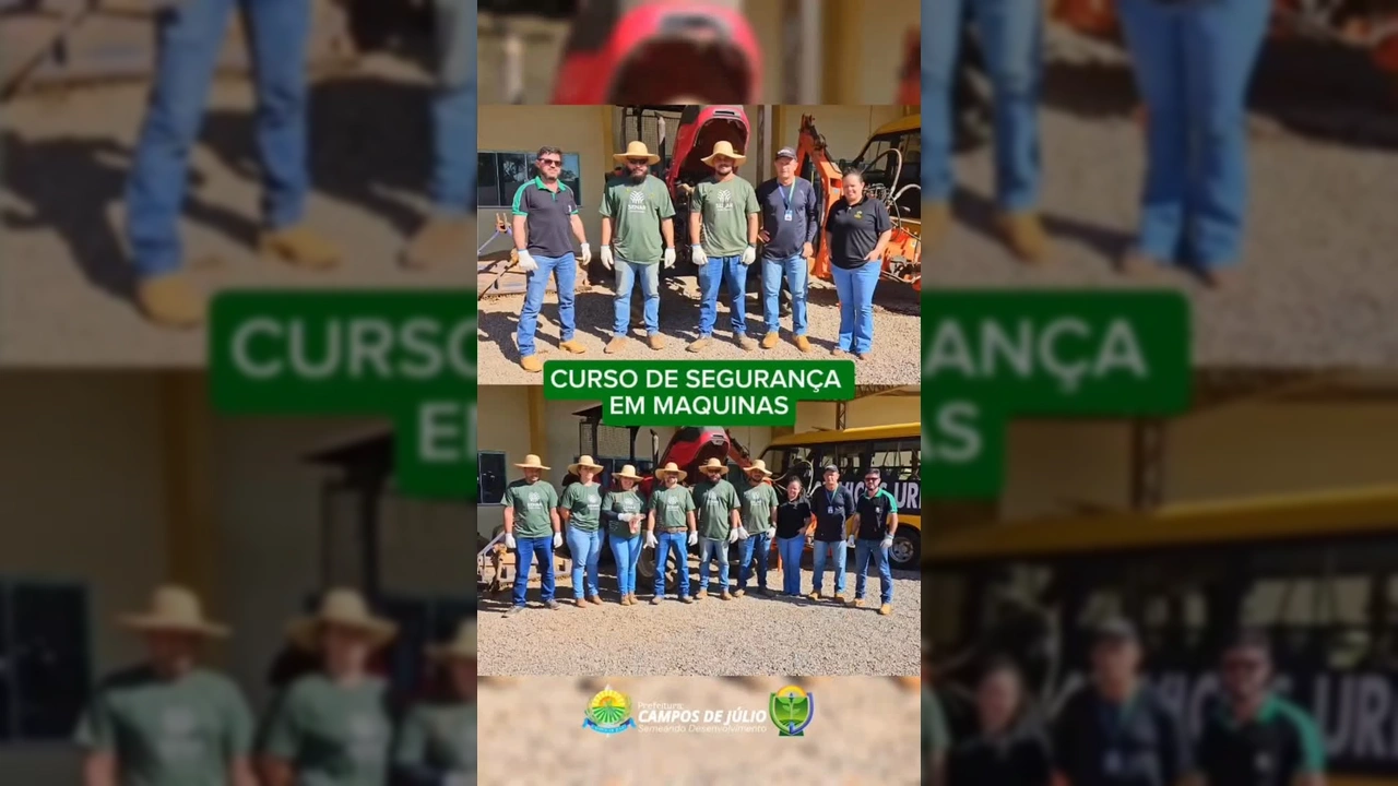 Grupo de servidores de Campos de Júlio em treinamento prático de manutenção e segurança de máquinas agrícolas, com um trator vermelho ao fundo. Crédito: Prefeitura Municipal de Campos de Júlio - MT / Instagram.