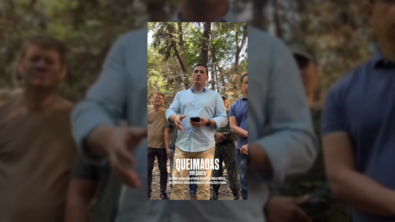 Imagem mostra oficiais da Polícia Ambiental, SEMA, e Bombeiros em Sinop durante coletiva de imprensa sobre combate a queimadas. Créditos: meioambientesinopmt / Instagram.