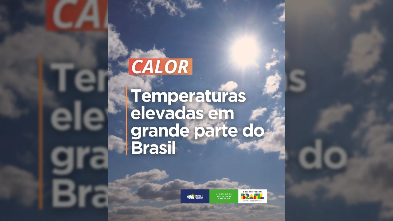 Céu azul claro com sol forte e nuvens esparsas, simbolizando a onda de calor intensa no Brasil. Conteúdo original de INMET | Tempo e Clima.