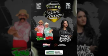 Imagem promocional do 1º Encontro de Carros Antigos em Tabaporã, com um carro clássico, artistas Tocho & Beppi e Allane Carvalho, e informações sobre Festival de Música Estudantil e Praça de Alimentação, da Prefeitura de Tabaporã / Instagram.