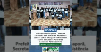 Cerimônia de entrega de certificados do curso de Assistente Administrativo em Tabaporã. Créditos: Prefeitura de Tabaporã / Instagram.