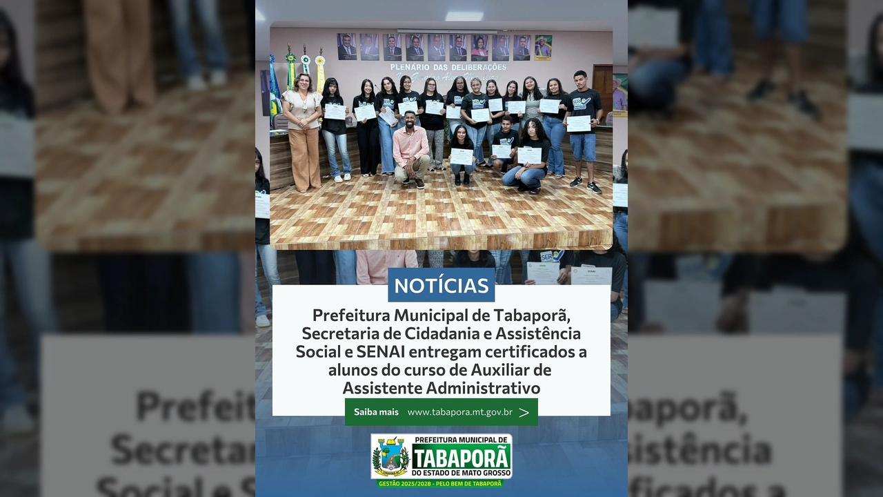 Cerimônia de entrega de certificados do curso de Assistente Administrativo em Tabaporã. Créditos: Prefeitura de Tabaporã / Instagram.
