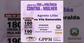 Cartaz informativo da Prefeitura de Tangará da Serra sobre o evento Agosto Lilás, destacando o combate à violência contra a mulher.
