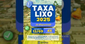 Imagem da publicação da Prefeitura de Alto Garças informando sobre a Taxa de Lixo 2025, com detalhes de pagamento e desconto / Instagram: prefeitura_altogarcas