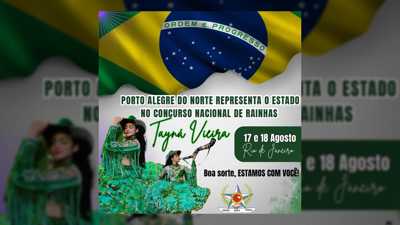 Imagem de Tayná Vieira em traje junino representando Porto Alegre do Norte no concurso nacional. Créditos: Prefeitura de Porto Alegre do Norte / Instagram.