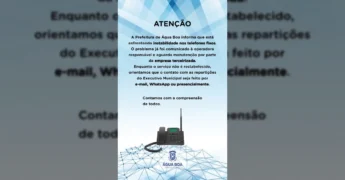 Telefone fixo com instabilidade de rede em Água Boa-MT, comunicado oficial da Prefeitura. Créditos: Prefeitura de Água Boa / Instagram.