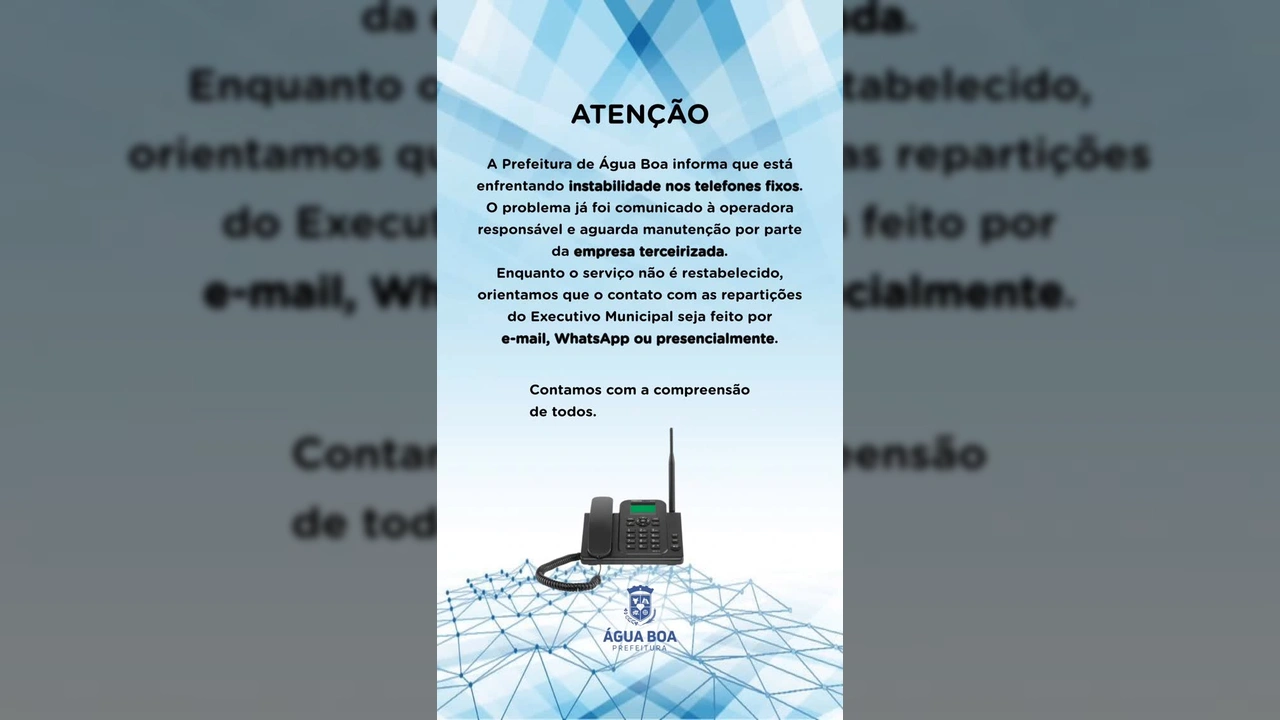 Telefone fixo com instabilidade de rede em Água Boa-MT, comunicado oficial da Prefeitura. Créditos: Prefeitura de Água Boa / Instagram.