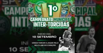 Troféu dourado do 1º Campeonato Municipal Inter-Torcidas de Futsal em Terra Nova do Norte, com emblemas de clubes de futebol ao fundo e jogadores comemorando. Créditos: @terranovadonorte
