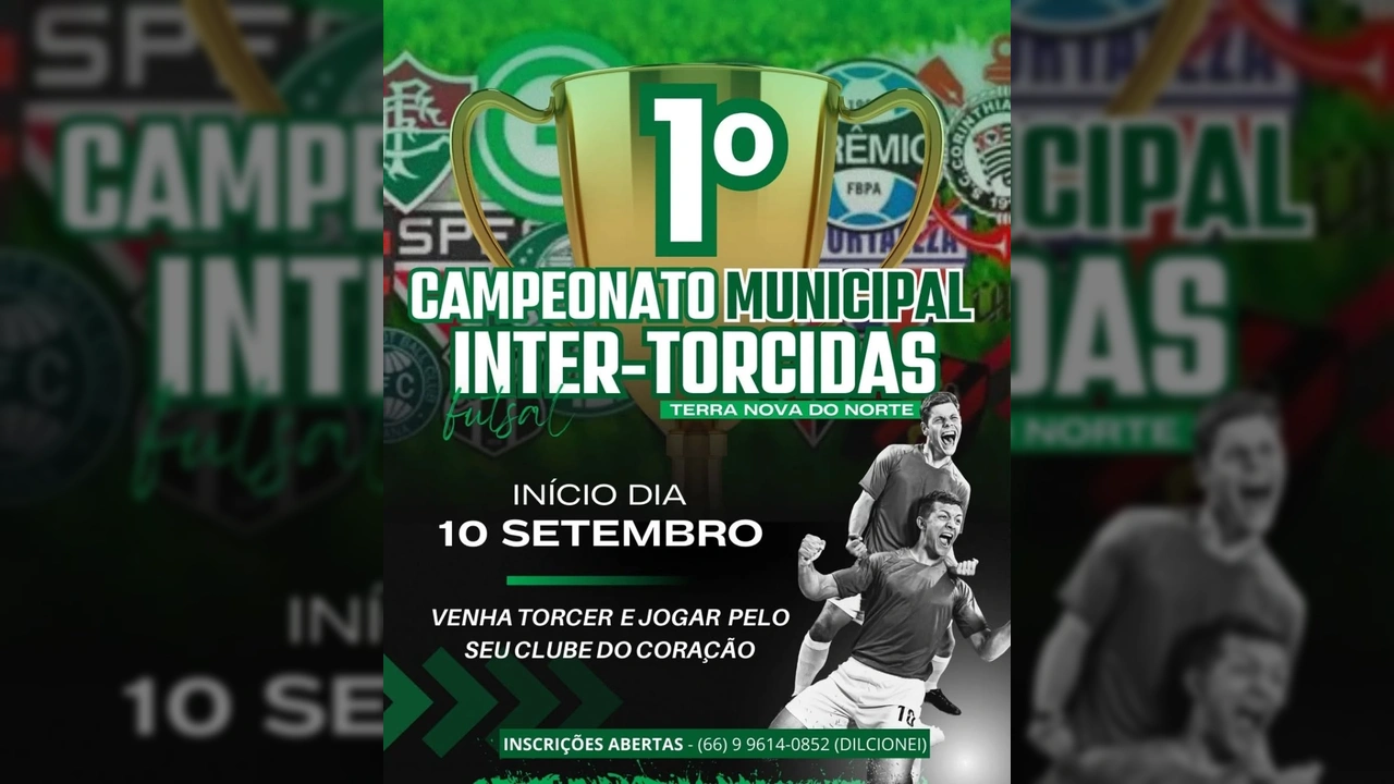 Troféu dourado do 1º Campeonato Municipal Inter-Torcidas de Futsal em Terra Nova do Norte, com emblemas de clubes de futebol ao fundo e jogadores comemorando. Créditos: @terranovadonorte
