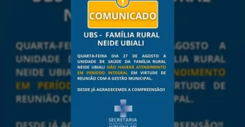 Imagem de comunicado da Prefeitura de Juruena informando sobre a alteração no atendimento da UBS Família Rural Neide Ubiali em 27 de agosto de 2025. Crédito: Prefeitura de Juruena / Instagram