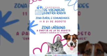 Imagem da Campanha de Vacinação Antirrábica 2025 em Luciara, mostrando um gato e um cachorro, divulgada por @saudeluciara.