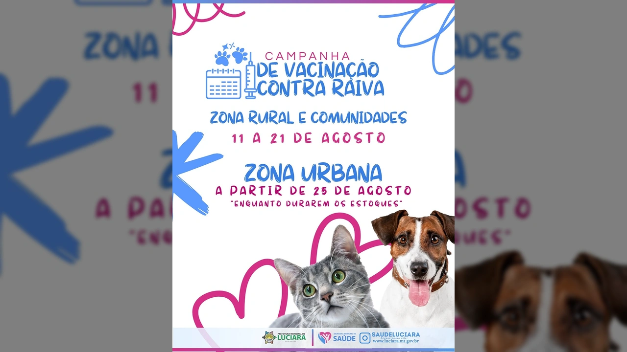 Imagem da Campanha de Vacinação Antirrábica 2025 em Luciara, mostrando um gato e um cachorro, divulgada por @saudeluciara.