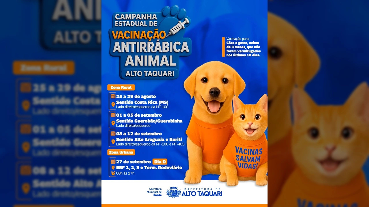Vacinação antirrábica para cães e gatos em Alto Taquari, imagem da Prefeitura de Alto Taquari.