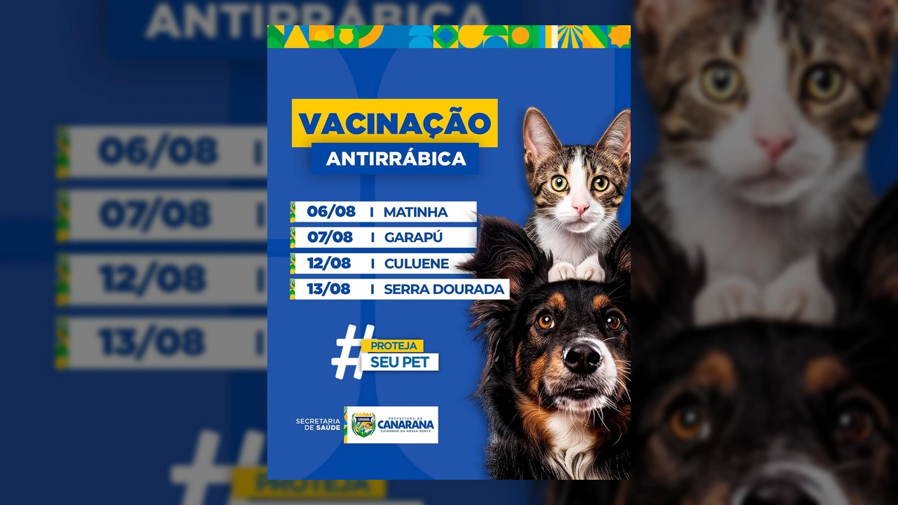 Foto de um gato e um cachorro ilustrando a campanha de vacinação antirrábica em Canarana, MT, conforme post da Prefeitura de Canarana - MT no Instagram.