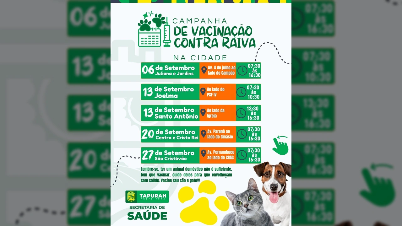 Calendário atualizado da campanha de vacinação contra a raiva para cães e gatos em Tapurah.