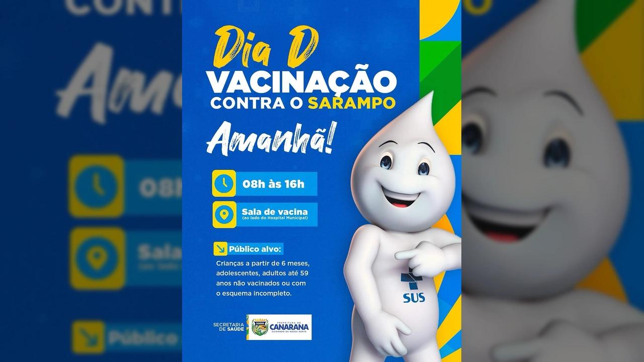 Mascote do SUS sorrindo, apontando para o símbolo do SUS, ao lado de informações sobre o Dia D de vacinação contra o sarampo em Canarana, MT / Instagram.